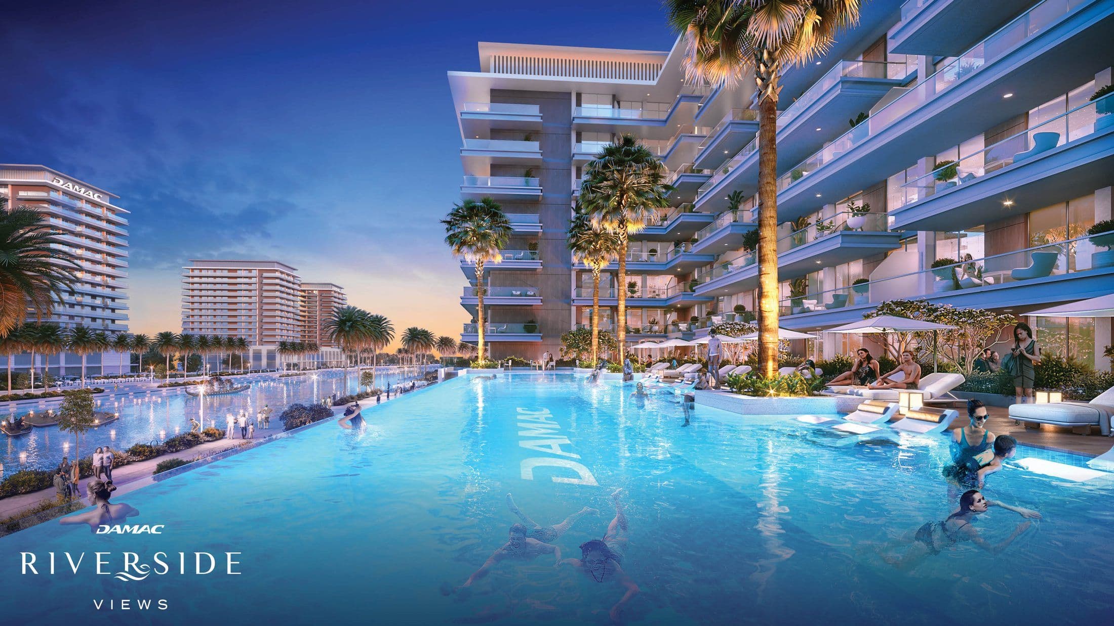 DAMAC Riverside Views — Pool twilight
