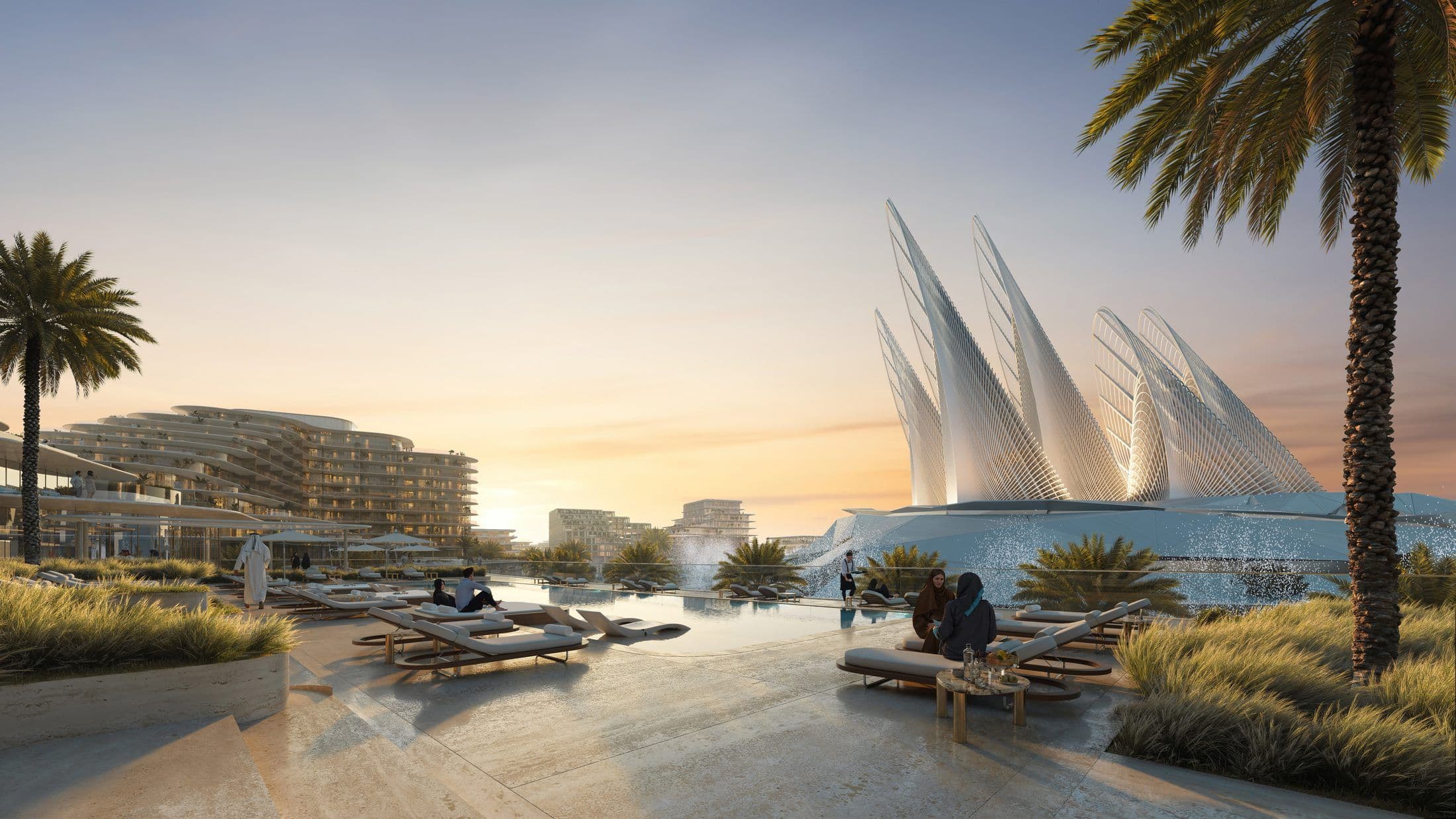 Mandarin Oriental Residences, Saadiyat Cultural District — Rooftop pool sunset