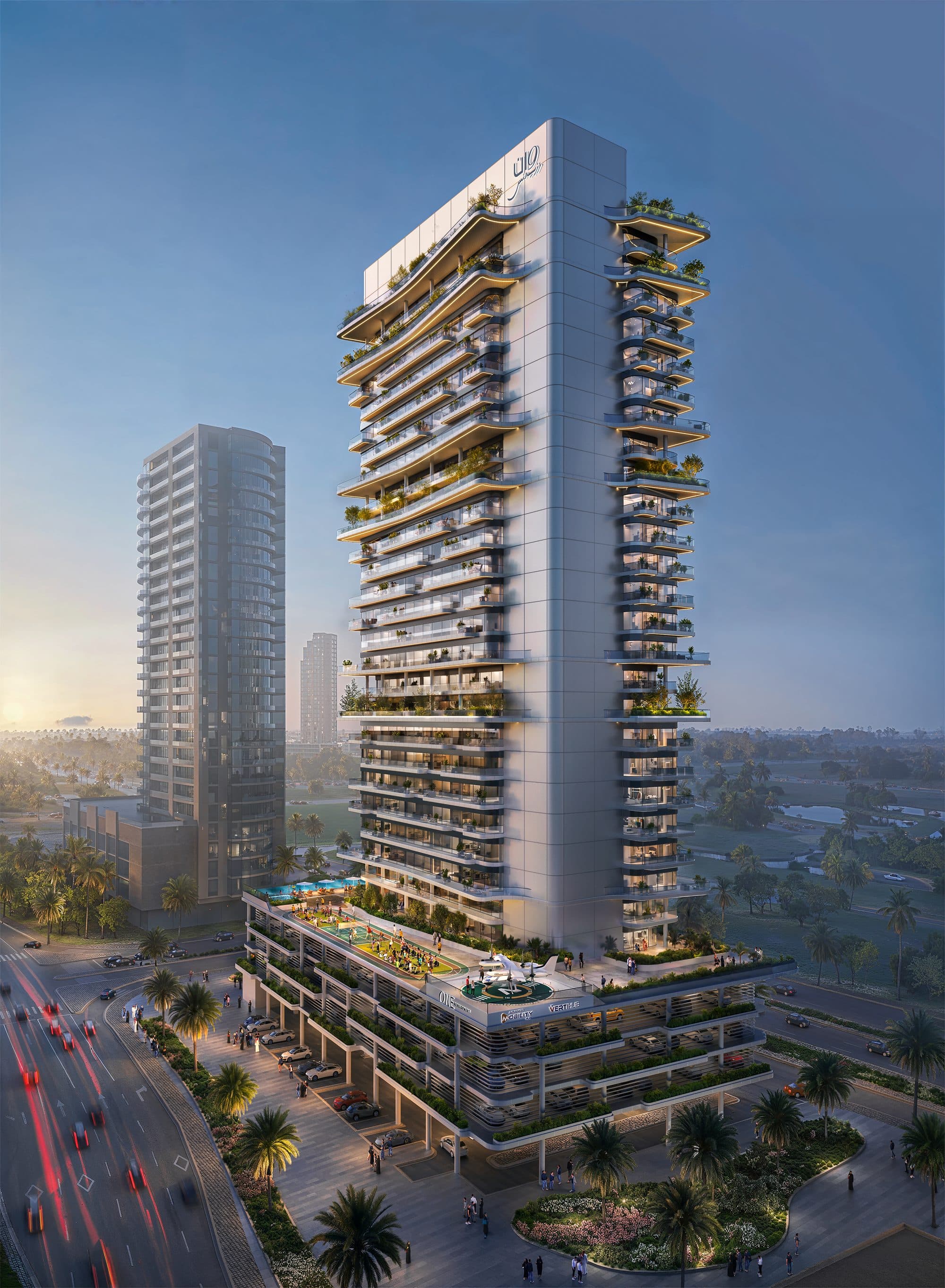 One Residence — Exterior tower dusk