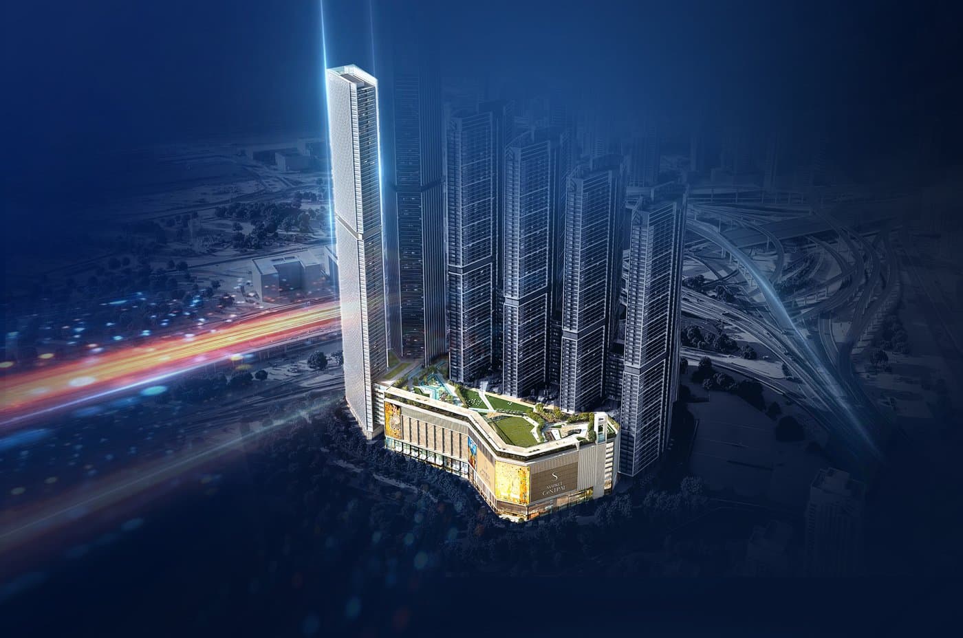 The Mirage at Sobha Central — Night exterior