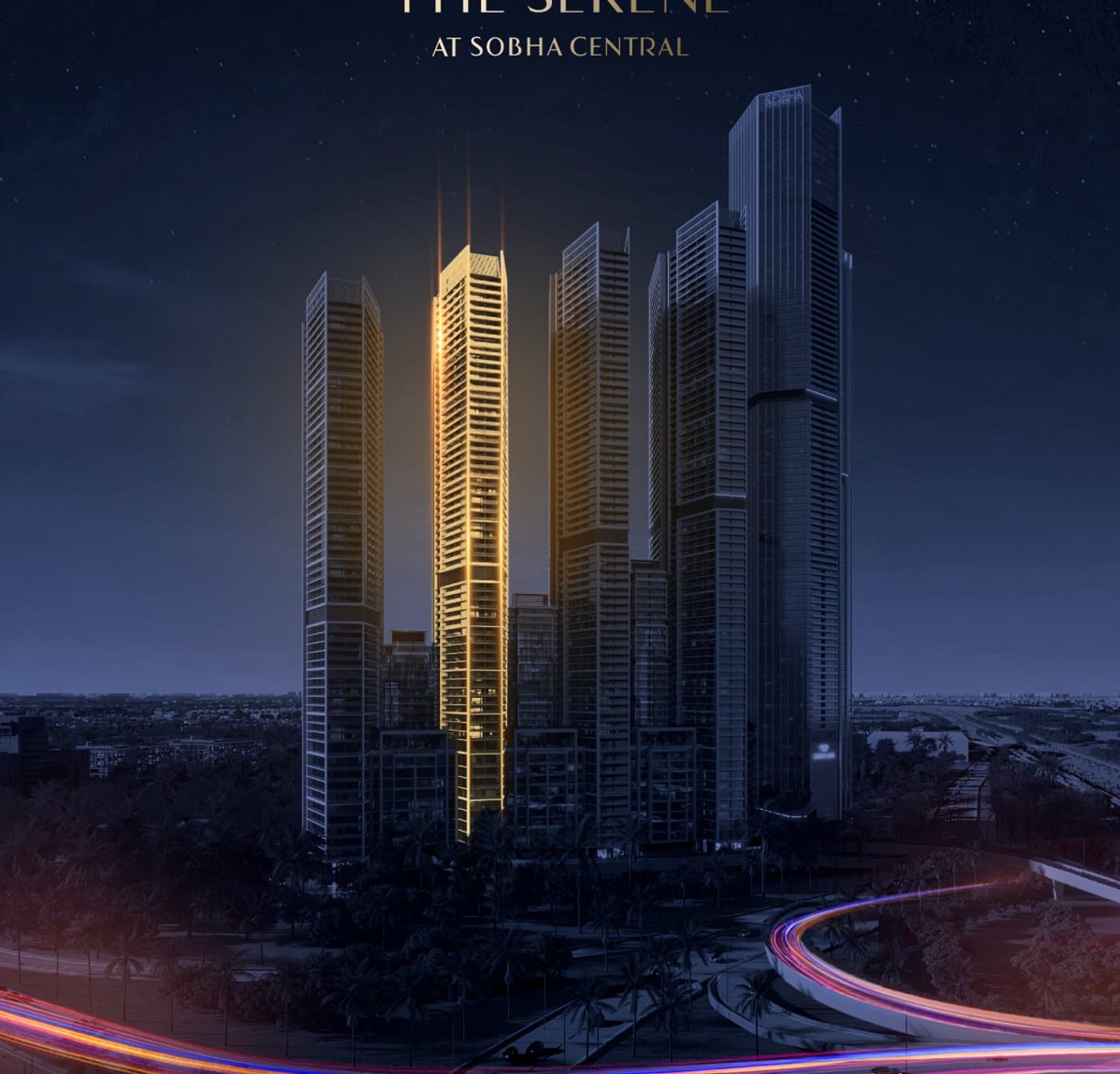 The Serene at Sobha Central — Night exterior